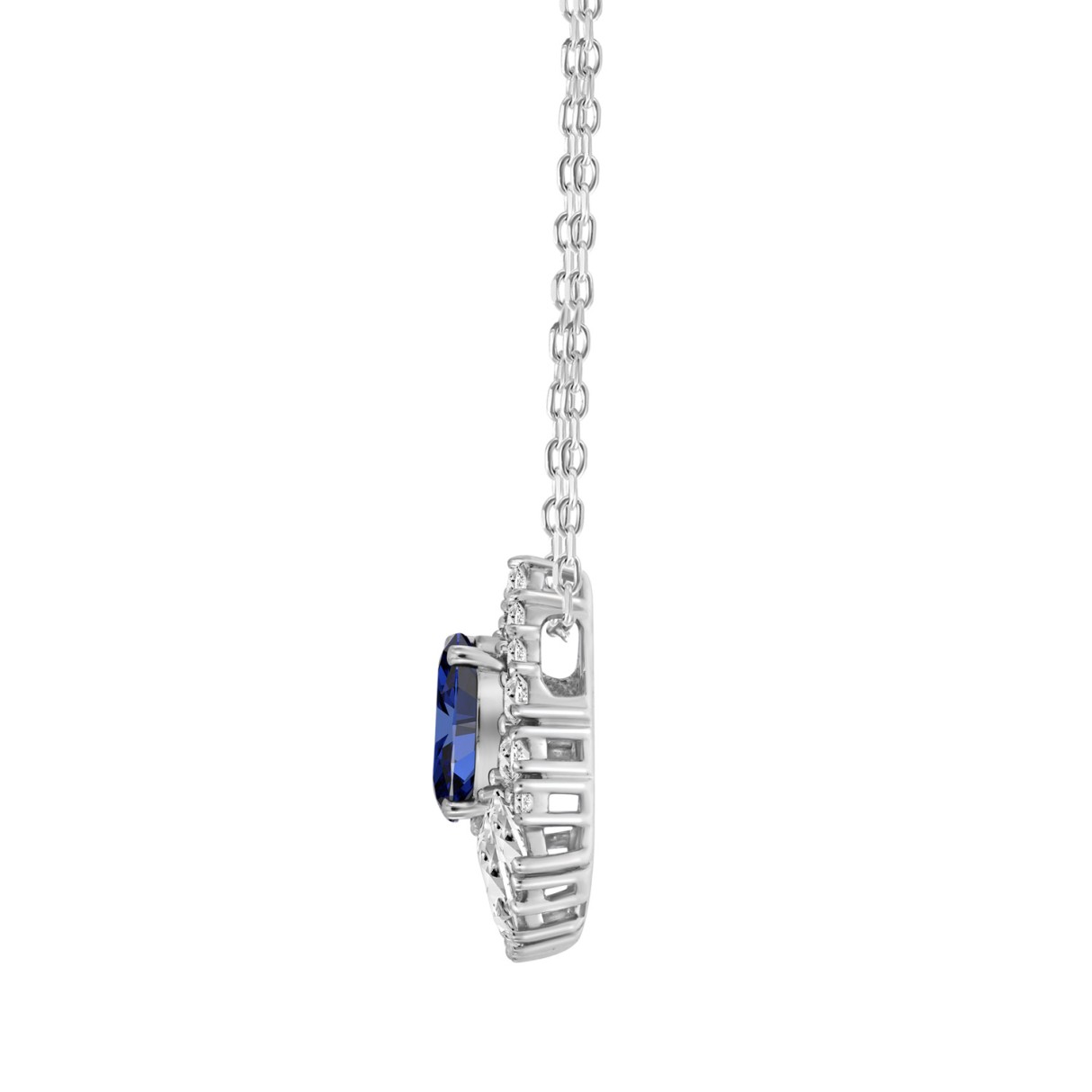 14K WHITE GOLD 2 1/4CT ROUND/MARQUISE/BLUE SAPPHIRE OVAL DIAMOND LADIES PENDANT WITH CHAIN (BLUE SAPPHIRE OVAL DIAMOND 1 1/4CT)