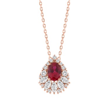 14K ROSE GOLD 2 1/4CT ROUND/MARQUISE/RUBY OVAL DIAMOND LADIES PENDANT WITH CHAIN (RUBY OVAL DIAMOND 1 1/4CT)