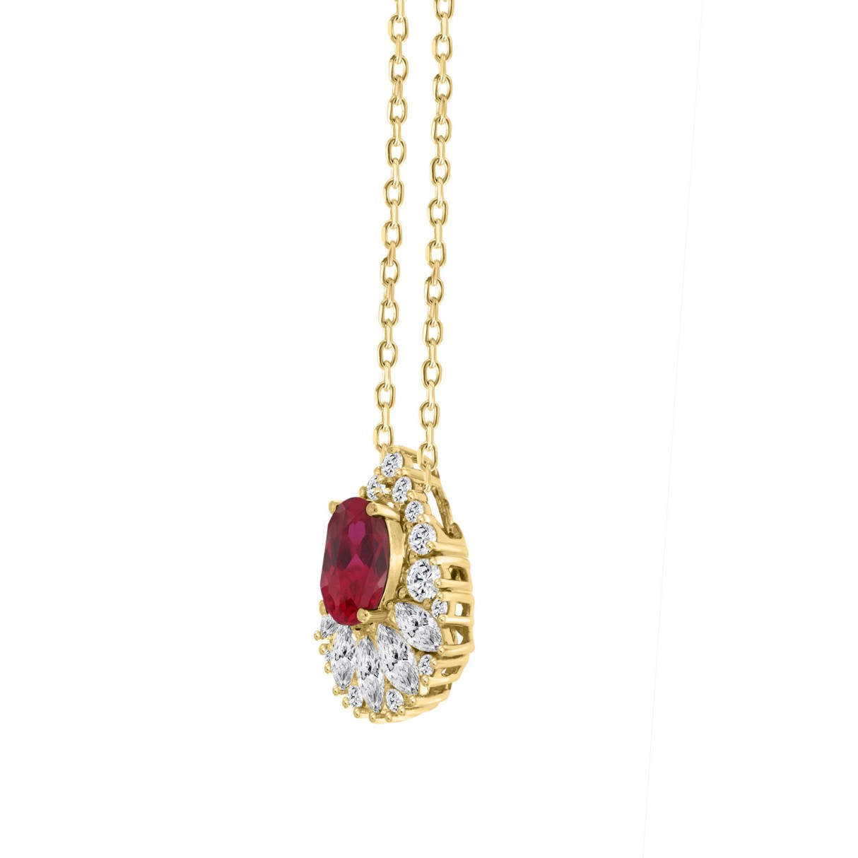 14K YELLOW GOLD 2 1/4CT ROUND/MARQUISE/RUBY OVAL DIAMOND LADIES PENDANT WITH CHAIN (RUBY OVAL DIAMOND 1 1/4CT)