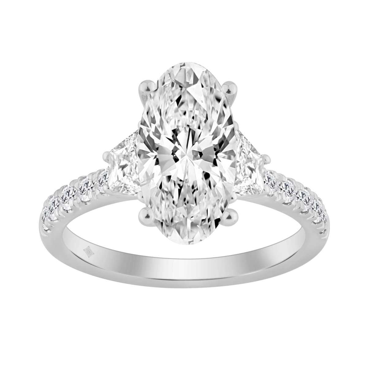 2 3/4Ct White Gold  Oval Cut 14K Three-Stone Engagement Ring & Round With Trapezoid Side Stones 2.00Ct Oval Center Stone (Color F-G -Clarity Vs1/Vs2)