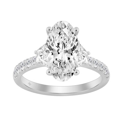 2 3/4Ct White Gold  Oval Cut 14K Three-Stone Engagement Ring & Round With Trapezoid Side Stones 2.00Ct Oval Center Stone (Color F-G -Clarity Vs1/Vs2)