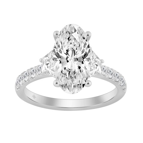 2 3/4Ct White Gold  Oval Cut 14K Three-Stone Engagement Ring & Round With Trapezoid Side Stones 2.00Ct Oval Center Stone (Color F-G -Clarity Vs1/Vs2)