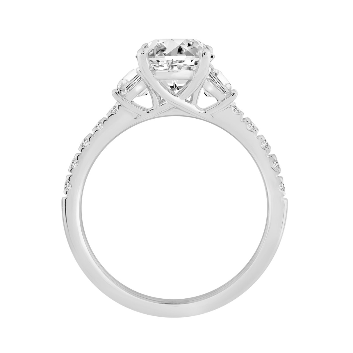 2 3/4Ct White Gold  Oval Cut 14K Three-Stone Engagement Ring & Round With Trapezoid Side Stones 2.00Ct Oval Center Stone (Color F-G -Clarity Vs1/Vs2)
