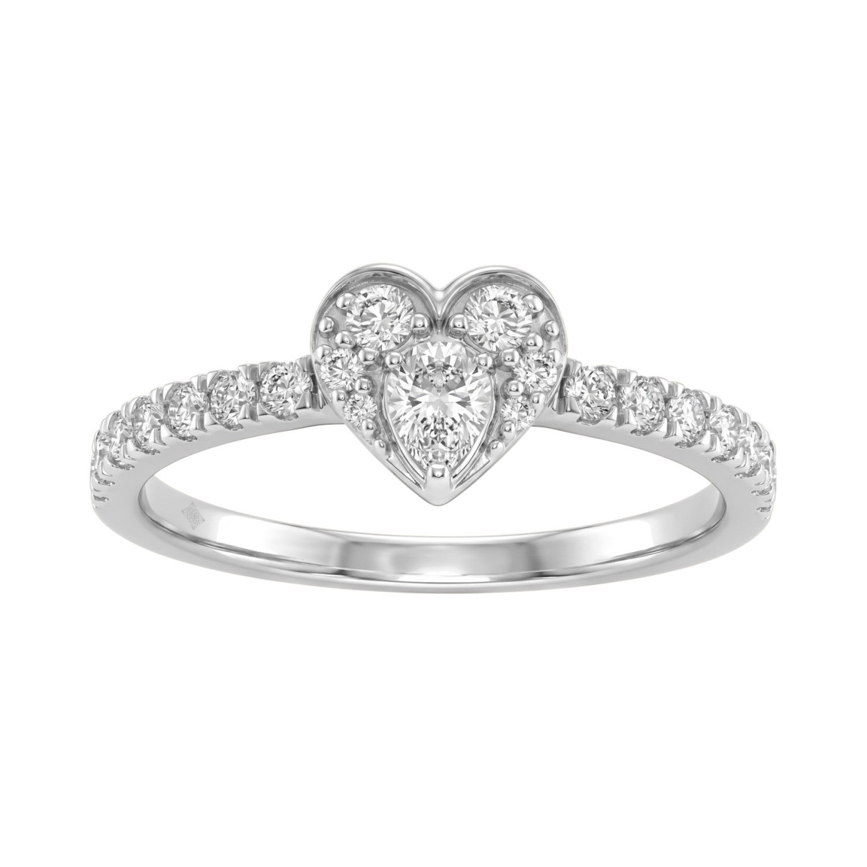 10K White Gold Heart Engagement Ring Featuring 1/2Ct Lab Grown Round And Pear-Shaped Diamonds In A Timeless, Elegant Design.