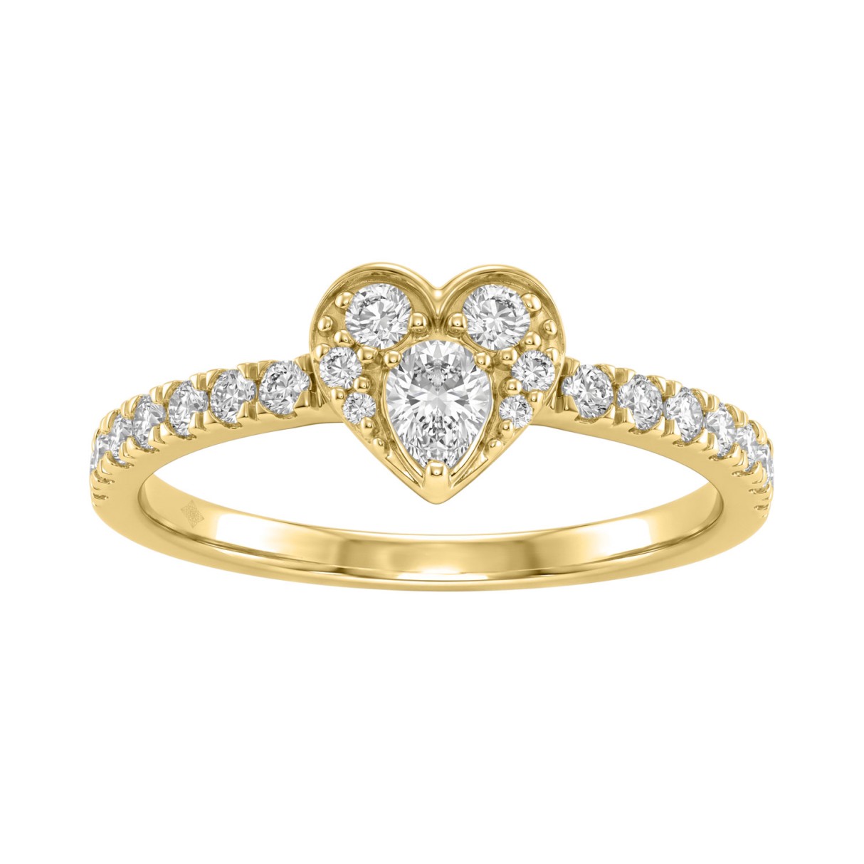 10K Yellow Gold Heart Engagement Ring Featuring 1/2Ct Lab Grown Round And Pear-Shaped Diamonds In A Timeless, Elegant Design.