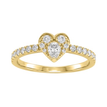10K Yellow Gold Heart Engagement Ring Featuring 1/2Ct Lab Grown Round And Pear-Shaped Diamonds In A Timeless, Elegant Design.
