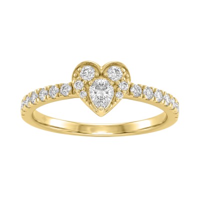 10K Yellow Gold Heart Engagement Ring Featuring 1/2Ct Lab Grown Round And Pear-Shaped Diamonds In A Timeless, Elegant Design.