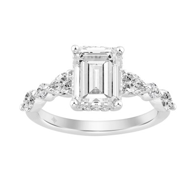 14K White Gold Emerald Cut Diamond Classic Bridal Ring for Ladies 4.00CT with Pear Round & Marquise Diamond 3.00CT Emerald Center stone (Color F-G -Clarity VS1/VS2)