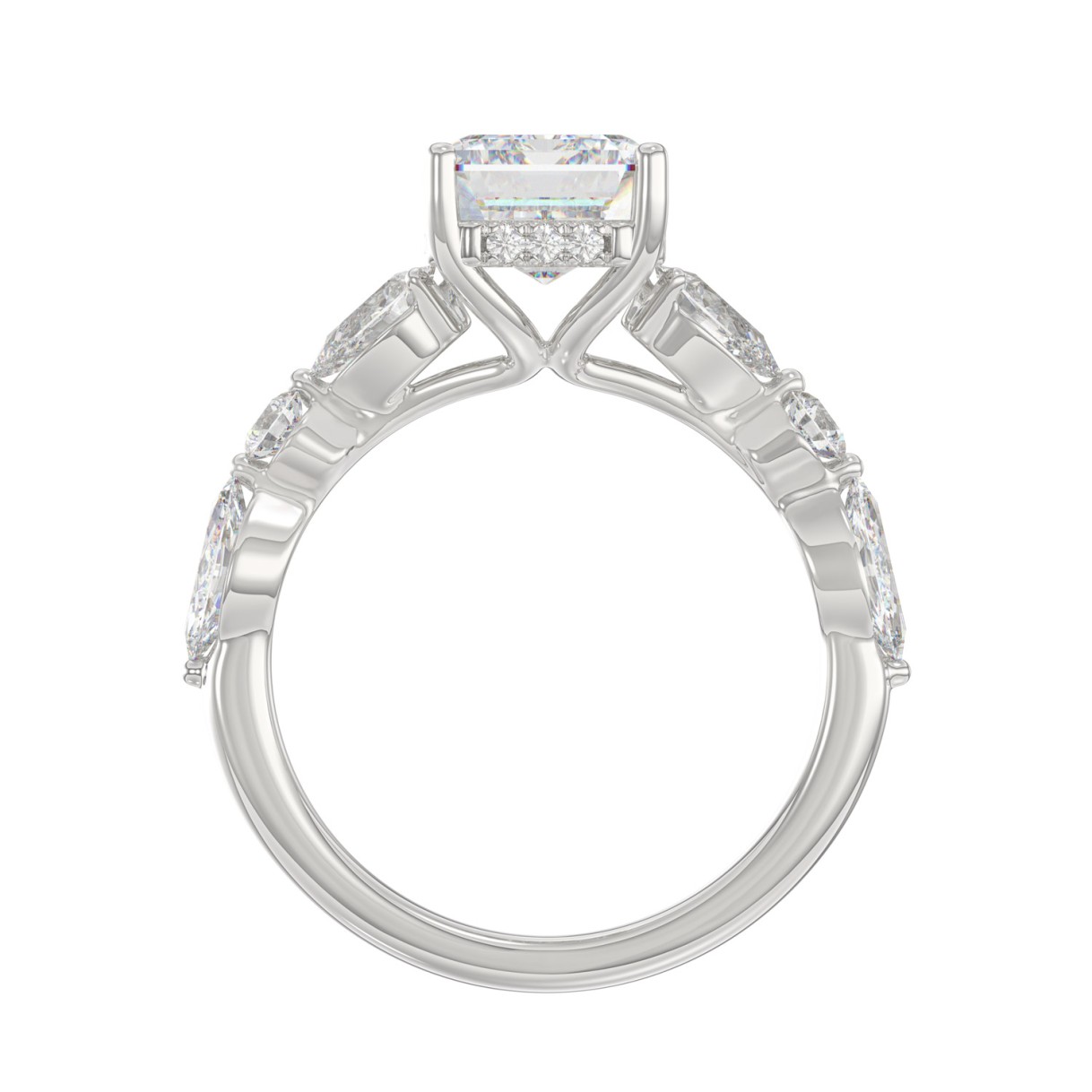 14K White Gold Emerald Cut Diamond Classic Bridal Ring for Ladies 4.00CT with Pear Round & Marquise Diamond 3.00CT Emerald Center stone (Color F-G -Clarity VS1/VS2)