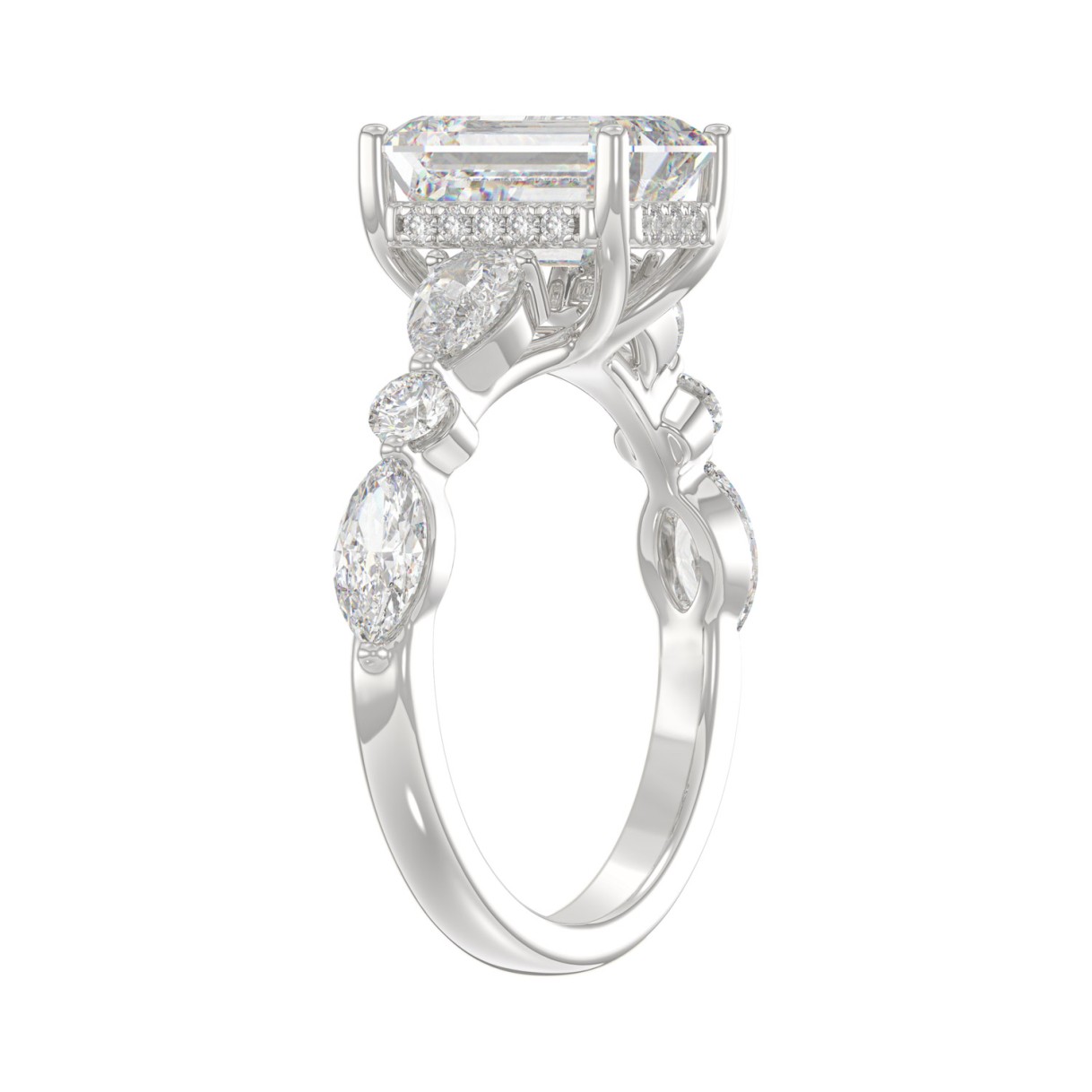 14K White Gold Emerald Cut Diamond Classic Bridal Ring for Ladies 4.00CT with Pear Round & Marquise Diamond 3.00CT Emerald Center stone (Color F-G -Clarity VS1/VS2)