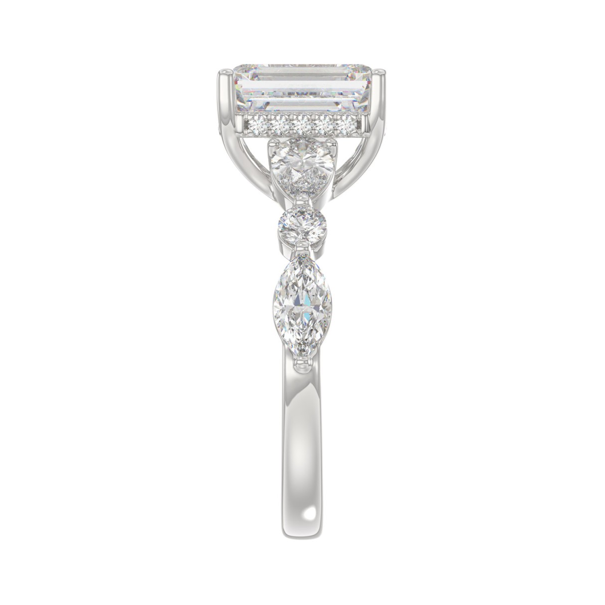 14K White Gold Emerald Cut Diamond Classic Bridal Ring for Ladies 4.00CT with Pear Round & Marquise Diamond 3.00CT Emerald Center stone (Color F-G -Clarity VS1/VS2)