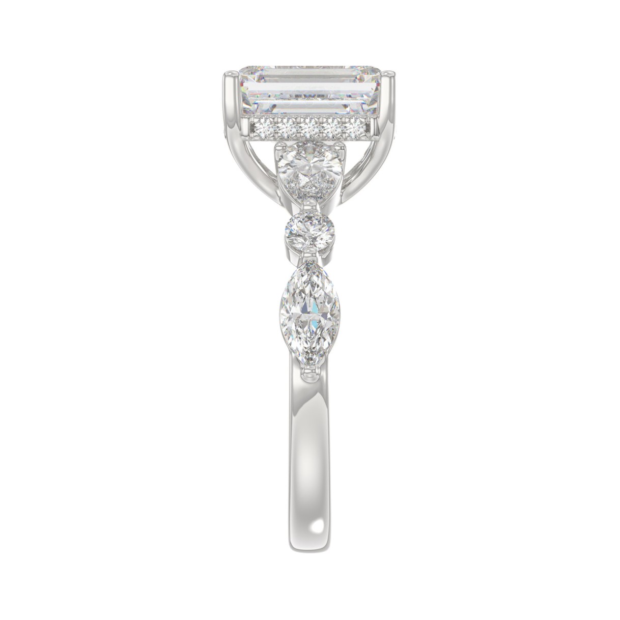14K White Gold Emerald Cut Diamond Classic Bridal Ring for Ladies 4.00CT with Pear Round & Marquise Diamond 3.00CT Emerald Center stone (Color F-G -Clarity VS1/VS2)