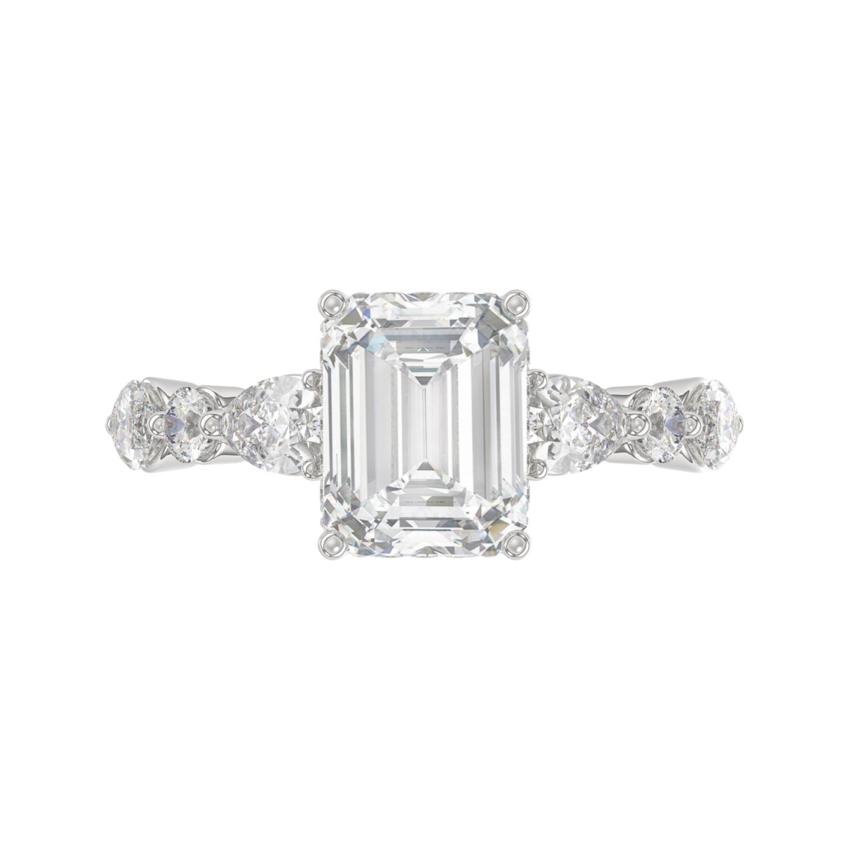 14K White Gold Emerald Cut Diamond Classic Bridal Ring for Ladies 4.00CT with Pear Round & Marquise Diamond 3.00CT Emerald Center stone (Color F-G -Clarity VS1/VS2)