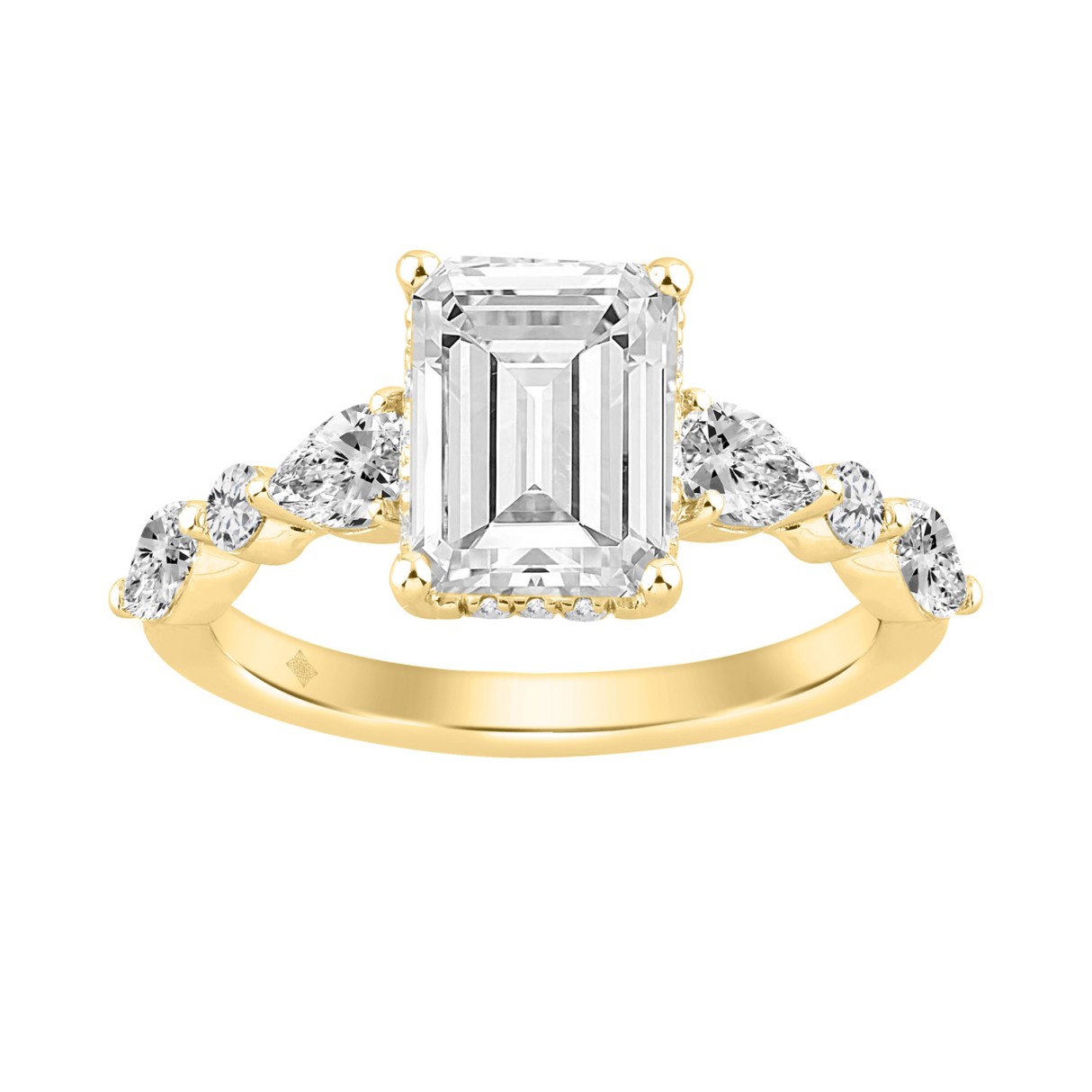 14K Yellow Gold Emerald Cut Diamond Classic Bridal Ring for Ladies 4.00CT with Pear Round & Marquise Diamond 3.00CT Emerald Center stone (Color F-G -Clarity VS1/VS2)