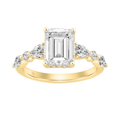 14K Yellow Gold Emerald Cut Diamond Classic Bridal Ring for Ladies 4.00CT with Pear Round & Marquise Diamond 3.00CT Emerald Center stone (Color F-G -Clarity VS1/VS2)