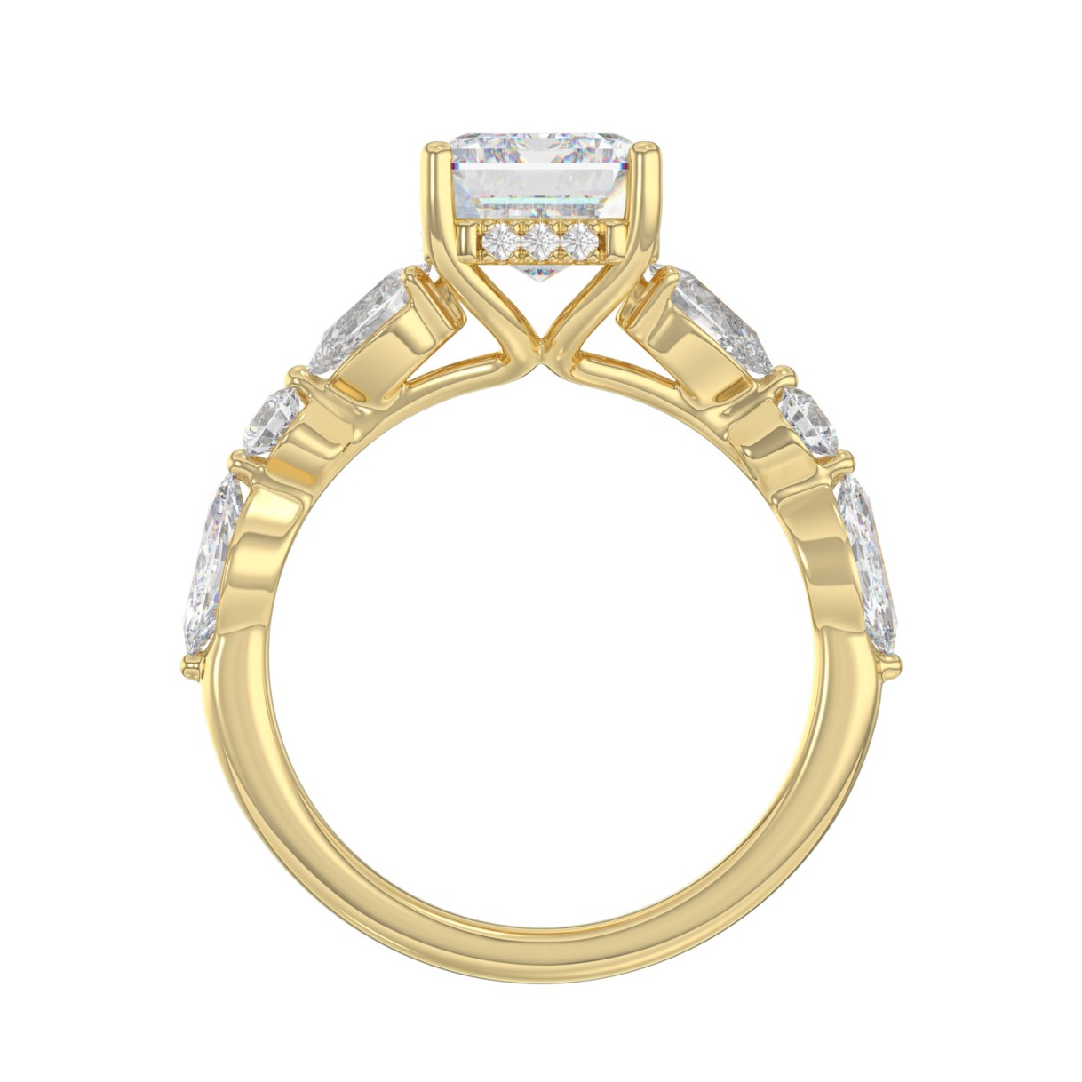 14K Yellow Gold Emerald Cut Diamond Classic Bridal Ring for Ladies 4.00CT with Pear Round & Marquise Diamond 3.00CT Emerald Center stone (Color F-G -Clarity VS1/VS2)