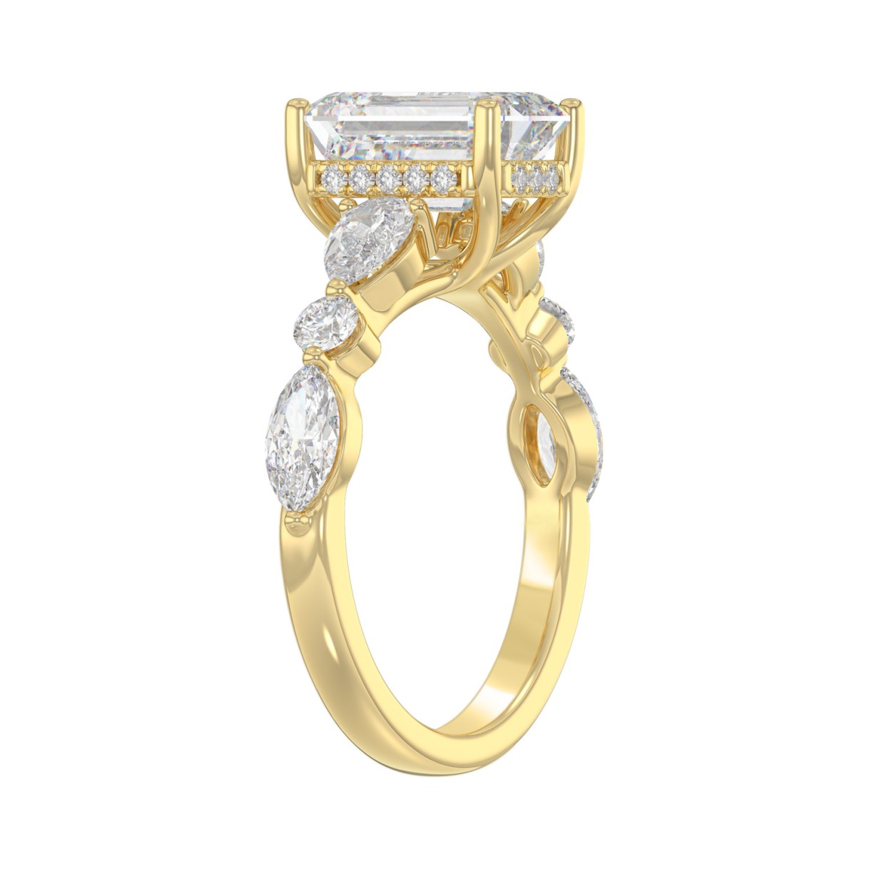 14K Yellow Gold Emerald Cut Diamond Classic Bridal Ring for Ladies 4.00CT with Pear Round & Marquise Diamond 3.00CT Emerald Center stone (Color F-G -Clarity VS1/VS2)