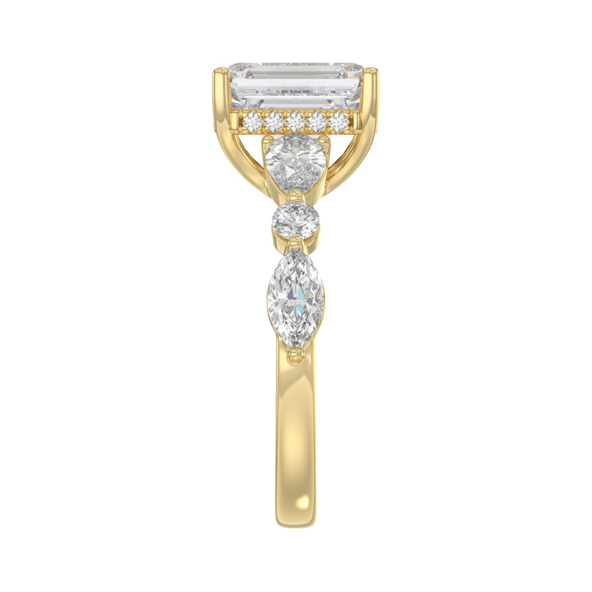 14K Yellow Gold Emerald Cut Diamond Classic Bridal Ring for Ladies 4.00CT with Pear Round & Marquise Diamond 3.00CT Emerald Center stone (Color F-G -Clarity VS1/VS2)