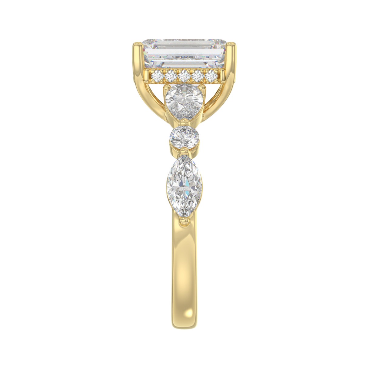 14K Yellow Gold Emerald Cut Diamond Classic Bridal Ring for Ladies 4.00CT with Pear Round & Marquise Diamond 3.00CT Emerald Center stone (Color F-G -Clarity VS1/VS2)