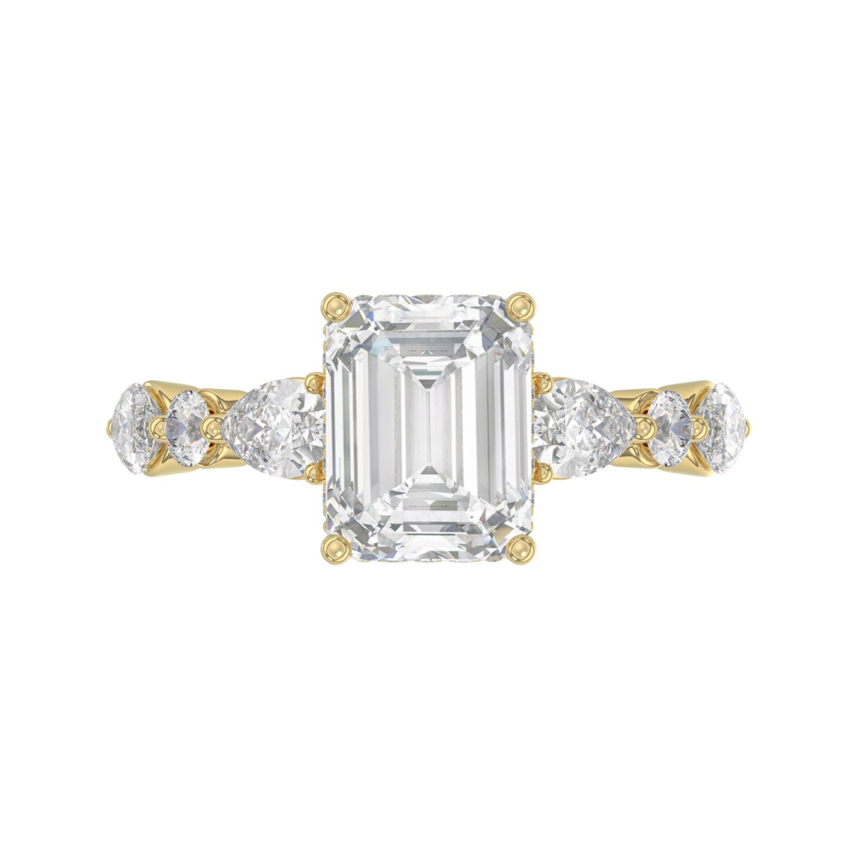 14K Yellow Gold Emerald Cut Diamond Classic Bridal Ring for Ladies 4.00CT with Pear Round & Marquise Diamond 3.00CT Emerald Center stone (Color F-G -Clarity VS1/VS2)