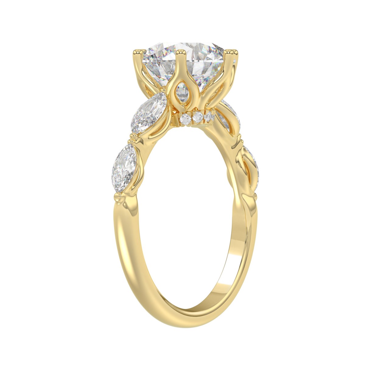 Luxury 14K Yellow Gold  Bridal Ring for Ladies 3 3/4CT Round & Marquise Cut Diamonds 3.00CT Round Center stone (Color F-G -Clarity VS1/VS2)