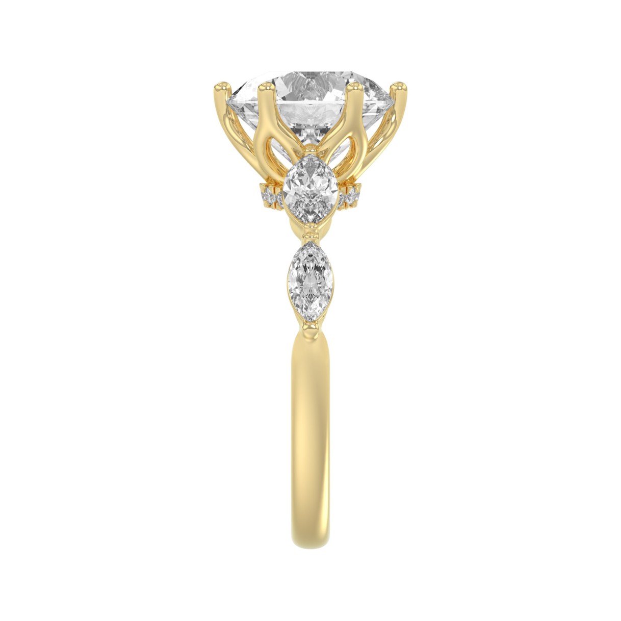 Luxury 14K Yellow Gold  Bridal Ring for Ladies 3 3/4CT Round & Marquise Cut Diamonds 3.00CT Round Center stone (Color F-G -Clarity VS1/VS2)