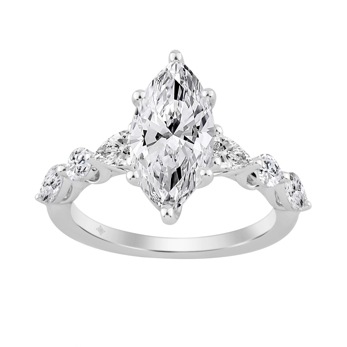 14K White Gold  Bridal Fashion Ring for Ladies 4CT Round & Marquise& Pear Cut Diamonds 3.00CT Marquise Center stone (Color F-G -Clarity VS1/VS2)