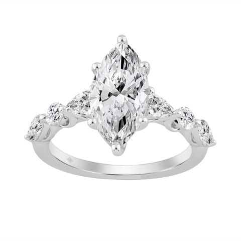 14K White Gold  Bridal Fashion Ring for Ladies 4CT Round & Marquise& Pear Cut Diamonds 3.00CT Marquise Center stone (Color F-G -Clarity VS1/VS2)