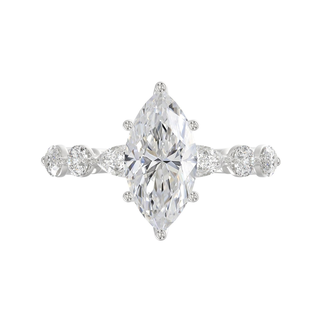 14K White Gold  Bridal Fashion Ring for Ladies 4CT Round & Marquise& Pear Cut Diamonds 3.00CT Marquise Center stone (Color F-G -Clarity VS1/VS2)