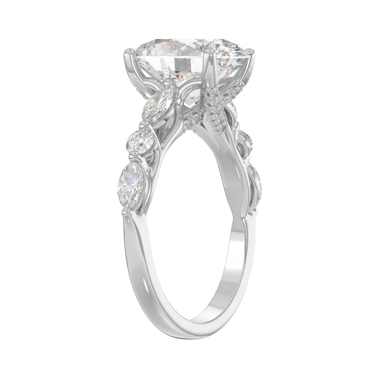 Elegant 14K White Gold  Bridal Fancy Ring for Ladies 3 3/4CT Round & Marquise& Oval Cut Diamonds 3.00CT Center stone (Color F-G -Clarity VS1/VS2)