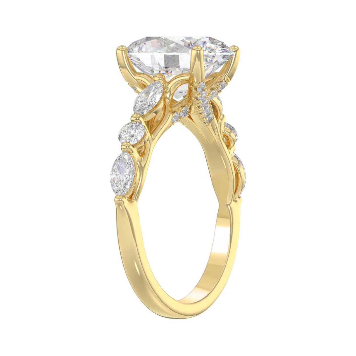 Elegant 14K Yellow Gold  Bridal Fancy Ring for Ladies 3 3/4CT Round & Marquise& Oval Cut Diamonds 3.00CT Oval Center stone (Color F-G -Clarity VS1/VS2)