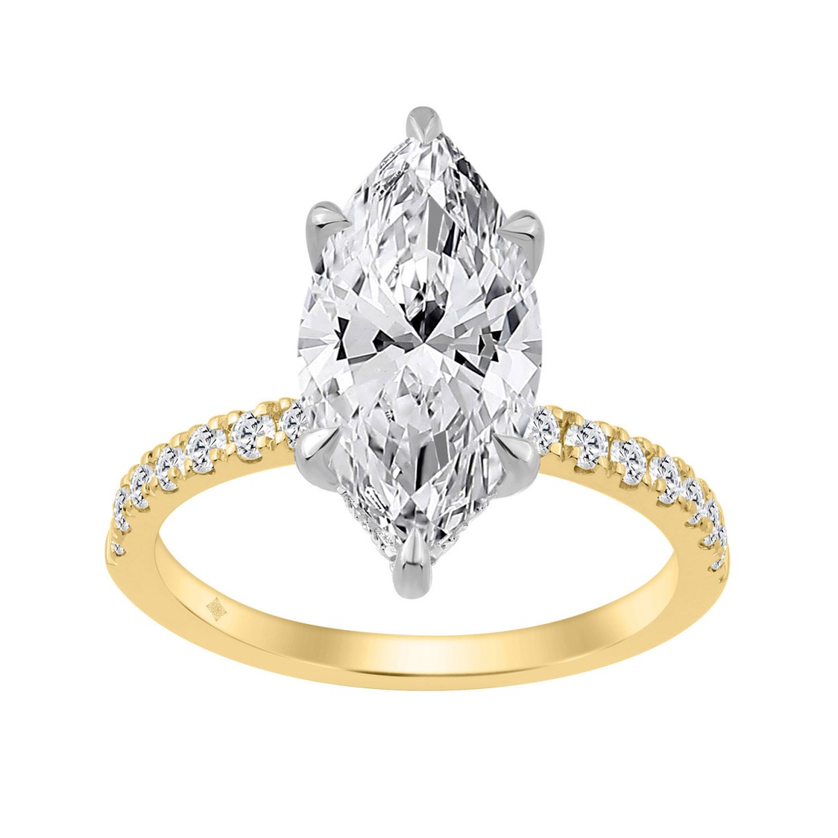 14K Yellow & White Gold 3 1/2 Ct Round Diamond Ladies Ring 3.00Ct Marquise Cut Center Diamond Luxury Ladies Fashion Jewelry