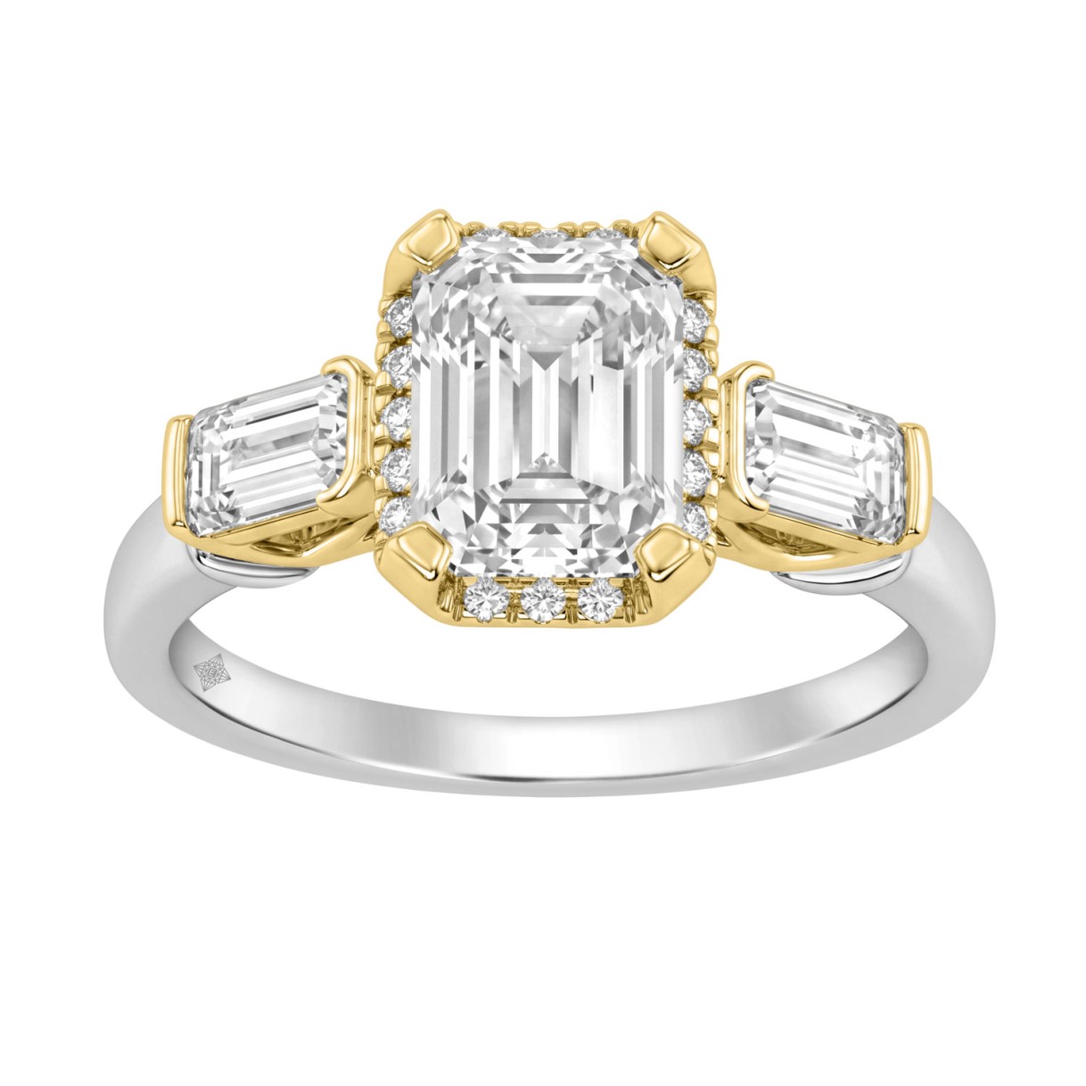 14K White/Yellow Gold 2 3/4Ct Round & Emerald Cut Lab-Grown Diamond Three-Stone Ladies Engagement Bridal Ring 2Ct Emerald Center Stone (Color F-G -Clarity Vs1/Vs2)