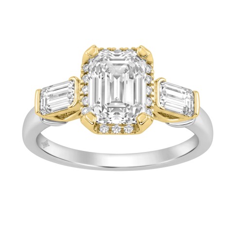 14K White/Yellow Gold 2 3/4Ct Round & Emerald Cut Lab-Grown Diamond Three-Stone Ladies Engagement Bridal Ring 2Ct Emerald Center Stone (Color F-G -Clarity Vs1/Vs2)