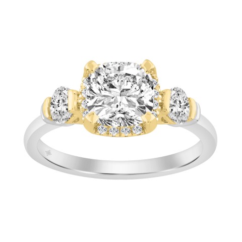 2 1/2 Ct Cushion Cut Lab-Grown Diamond Ladies Engagement Ring In 14K White/Yellow Gold Three-Stone With Round Side Stone & Oval 2Ct Cushion Center Stone (Color F-G -Clarity Vs1/Vs2)