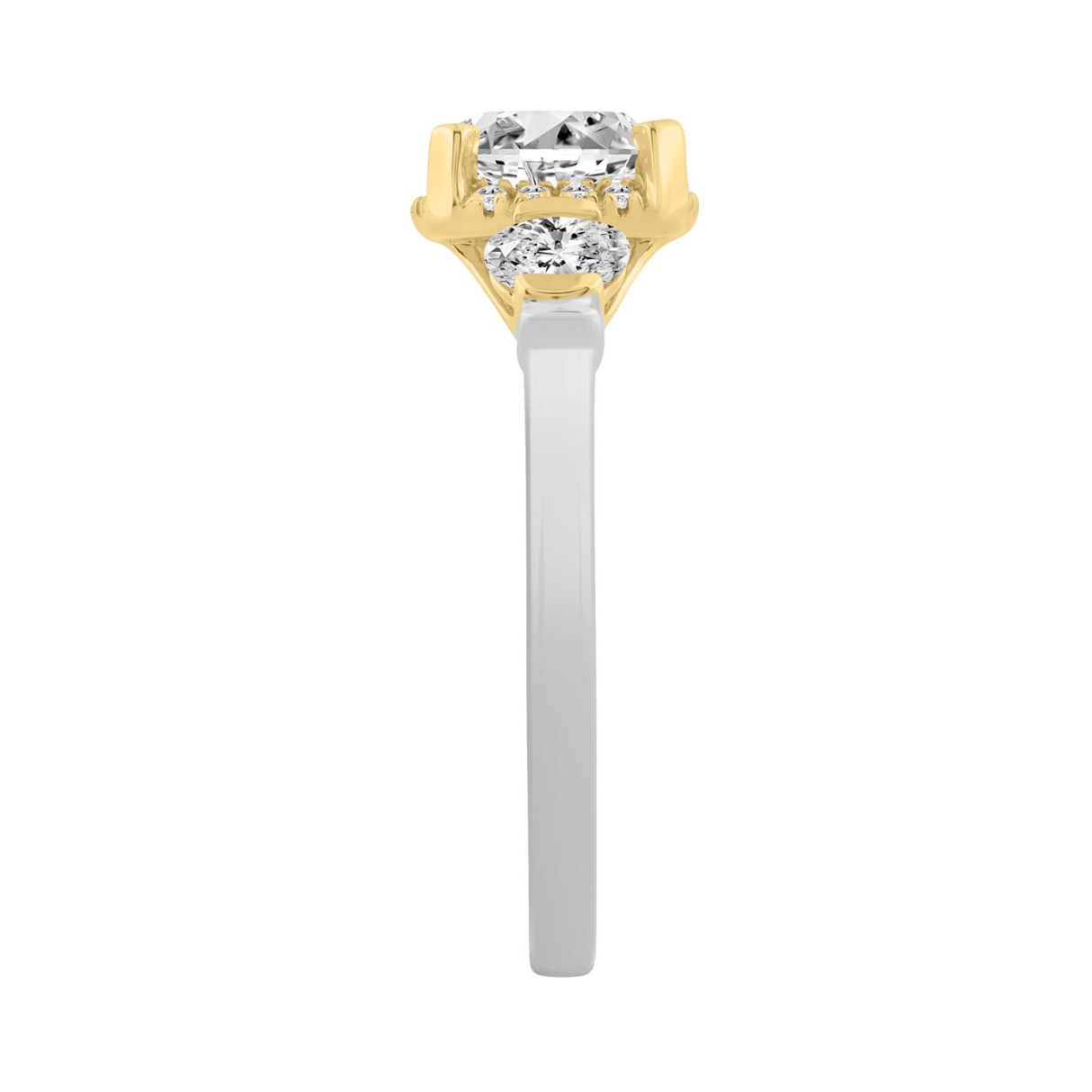 2 1/2 Ct Cushion Cut Lab-Grown Diamond Ladies Engagement Ring In 14K White/Yellow Gold Three-Stone With Round Side Stone & Oval 2Ct Cushion Center Stone (Color F-G -Clarity Vs1/Vs2)