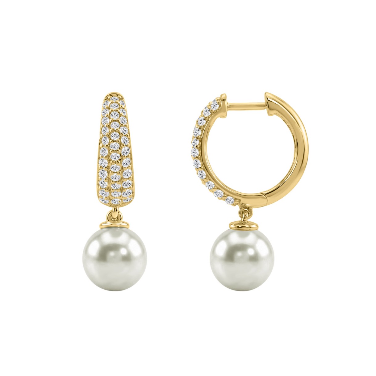 10K Yellow Gold 1/2 Ct Round Diamond & Pearl Hoop Earrings For Women  Classic Pear Shape Drop Fine Jewelry (Color F-G Clarity Vs1/Vs2)