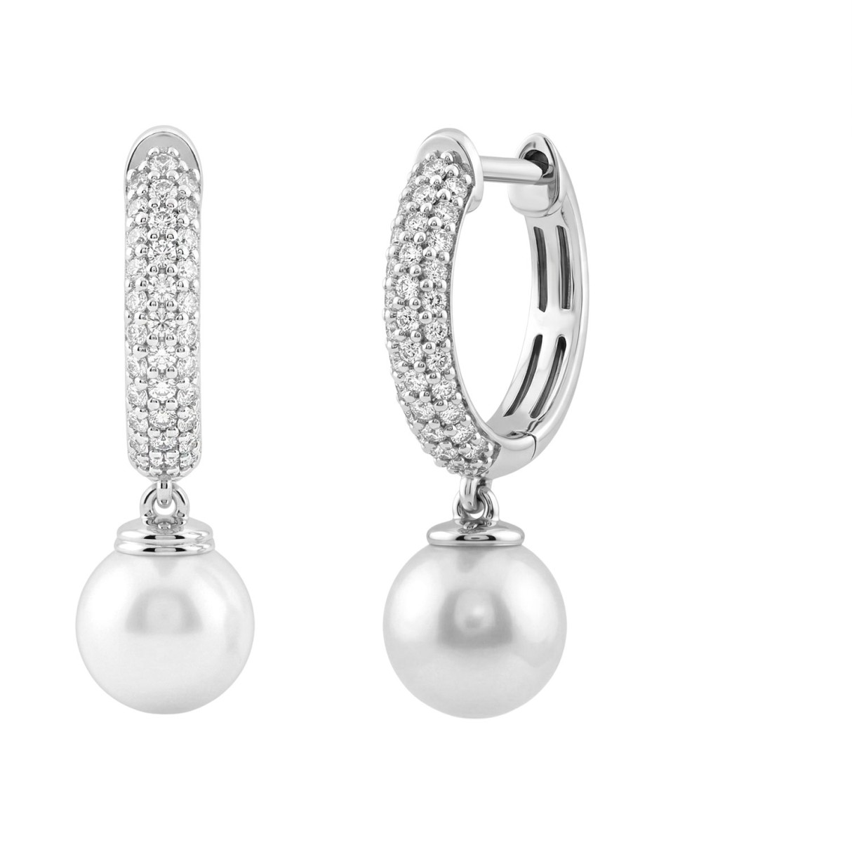 Freshwater Pearl Drop Hoop Ladies Earrings With 1/3Ct Round Diamond Accents In 10K White Gold