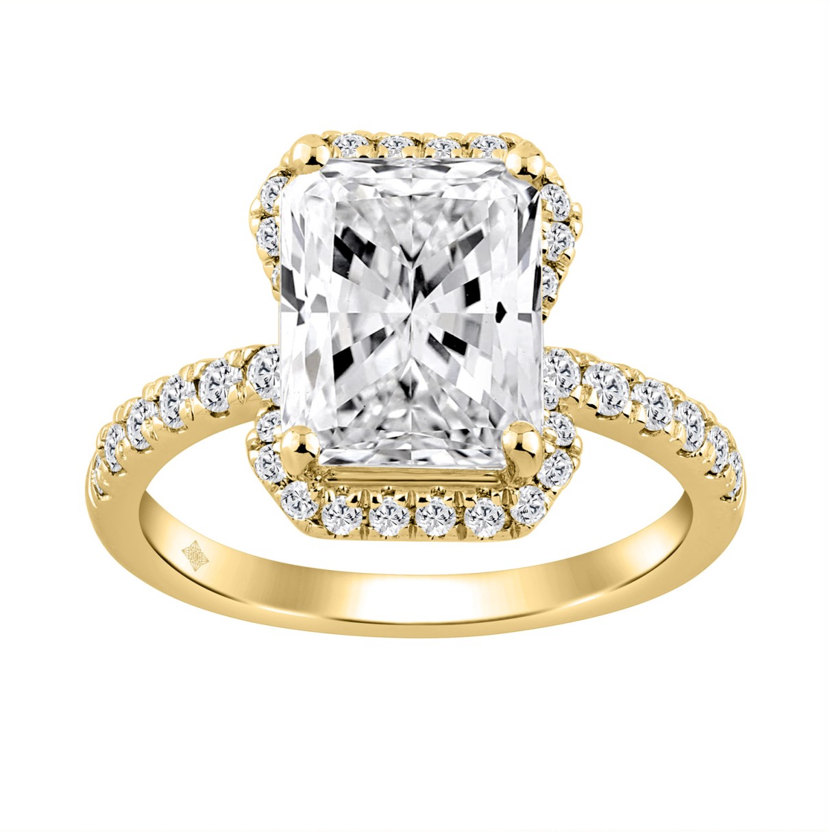 14K Yellow Gold Lab-Grown Diamond Ladies Halo Engagement Ring 4 1/2CT Elongated Radiant Cut Center & Round Diamond 4.00CT Radiant Center stone (Color F-G -Clarity VS1/VS2)