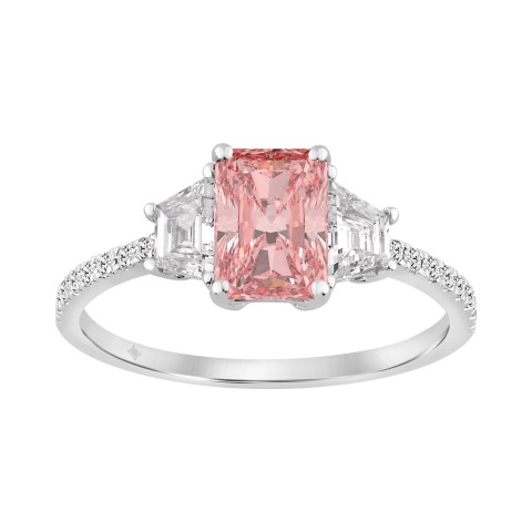 Ladies 14K White Gold 1 1/2CT Round/Trapezoid/Radiant Lab-Grown Diamond Ladies Fashion Ring 1.00CT Pink Radiant Center stone (Color F-G -Clarity VS1/VS2)