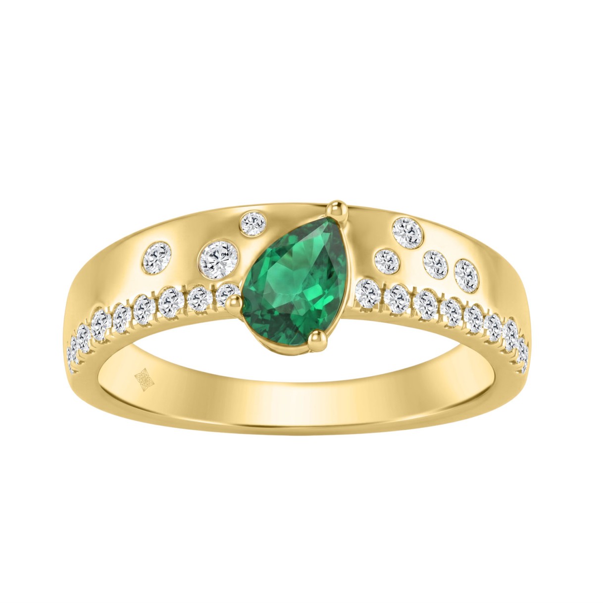 Ladies 14K Yellow Gold Green Emerald Pear Cut Ring 3/4Ct With Round Diamonds 1/2Ct Emerald Pear Center Stone (Color F-G -Clarity Vs1/Vs2)