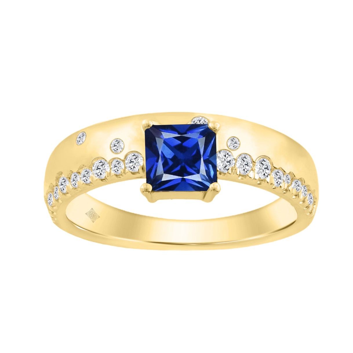 Elegant 14K Yellow Gold 1/2Ct Princess Cut Blue Sapphire & Round Diamond Promise Ring For Ladies Ring 1/3Ct Blue Princess Cut Diamond Center Stone (Color F-G -Clarity Vs1/Vs2)