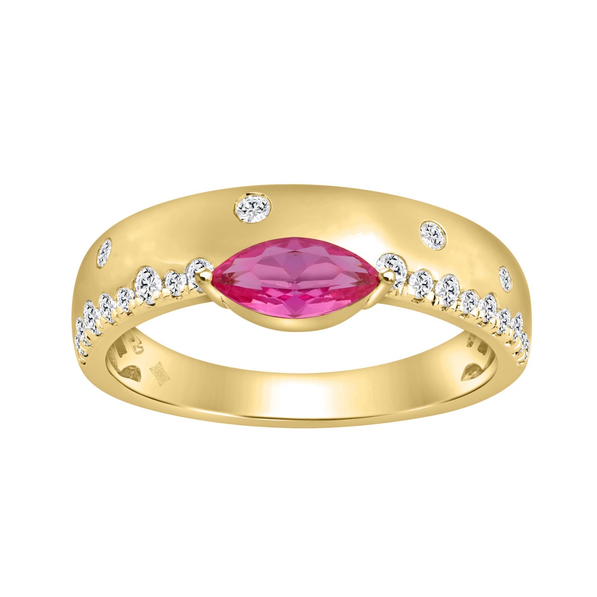 14K Yellow Gold Pink Sapphire & Round Diamond Ladies Ring 1/5Ct Round & Marquise Cut Fashion Ring, Marquise Pink Ruby Style Engagement Ring (Color F-G -Clarity Vs1/Vs2)