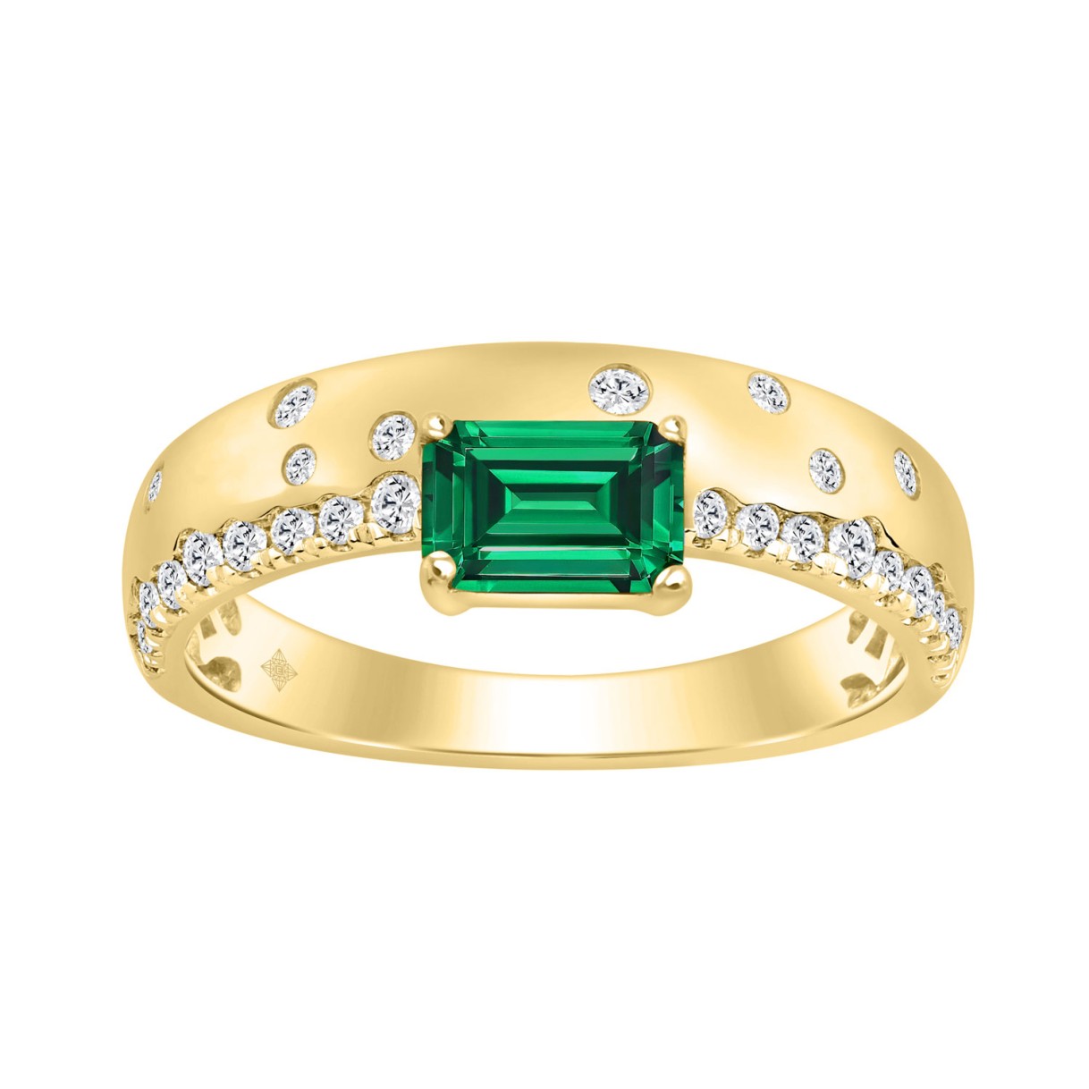 14K Yellow Gold Green Emerald & Diamond Fashion Engagement Ring 7/8Ct Round Cut Ladies Ring, Elegant Women Engagement Jewelry 5/8Ct Green Emerald Center Stone (Color F-G -Clarity Vs1/Vs2)