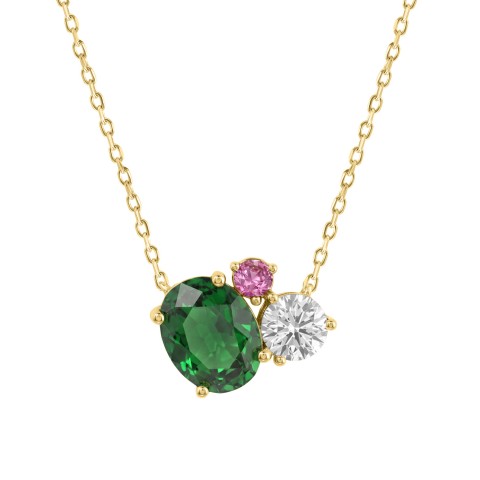 Elegant 14K Yellow Gold Diamond, Emerald Oval & Pink Sapphire Necklace For Women 3 1/6Ct Round & Oval Cut Multi-Stone Ladies Jewelry (Color F-G -Clarity Vs1/Vs2)