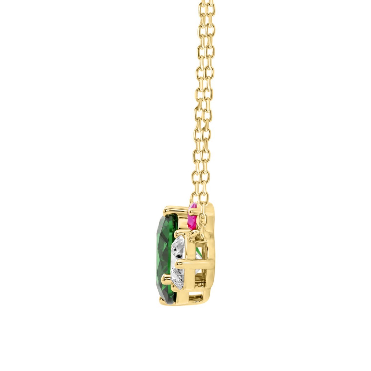 Elegant 14K Yellow Gold Diamond, Emerald Oval & Pink Sapphire Necklace For Women 3 1/6Ct Round & Oval Cut Multi-Stone Ladies Jewelry (Color F-G -Clarity Vs1/Vs2)