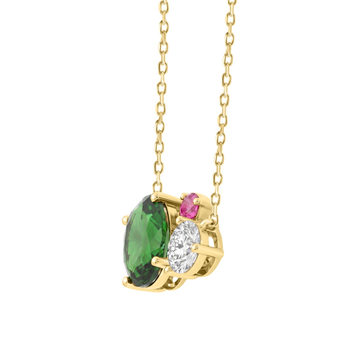 Elegant 14K Yellow Gold Diamond, Emerald Oval & Pink Sapphire Necklace For Women 3 1/6Ct Round & Oval Cut Multi-Stone Ladies Jewelry (Color F-G -Clarity Vs1/Vs2)
