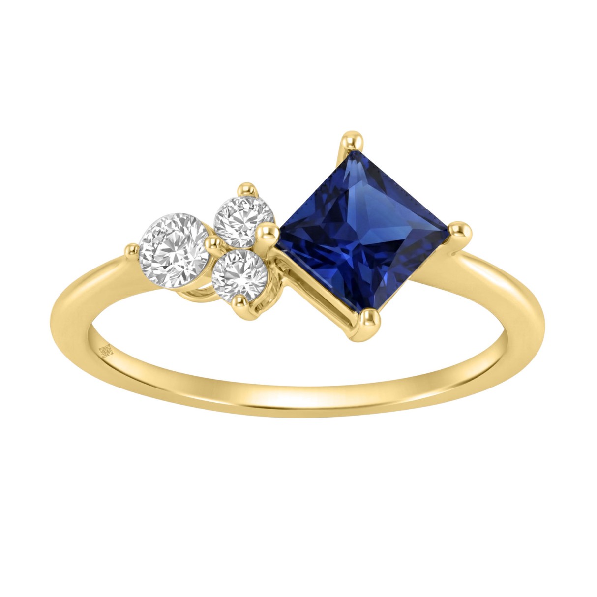 14K Yellow Gold Blue Sapphire & Round Diamond Ladies Ring 1 1/2Ct Princess Cut Kite-Set Square Sapphire Cluster Design With 3 Brilliant Diamonds (Color F-G -Clarity Vs1/Vs2)
