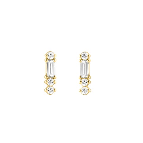 Elegant 14K Yellow Gold Diamond Fashion Earrings For Women 1/10Ct Round & Baguette Diamond (Color F-G -Clarity Vs1/Vs2)