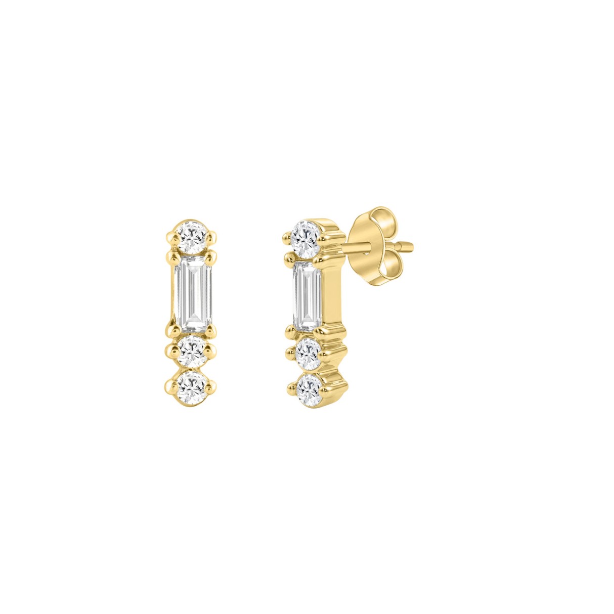 Elegant 14K Yellow Gold Diamond Fashion Earrings For Women 1/10Ct Round & Baguette Diamond (Color F-G -Clarity Vs1/Vs2)